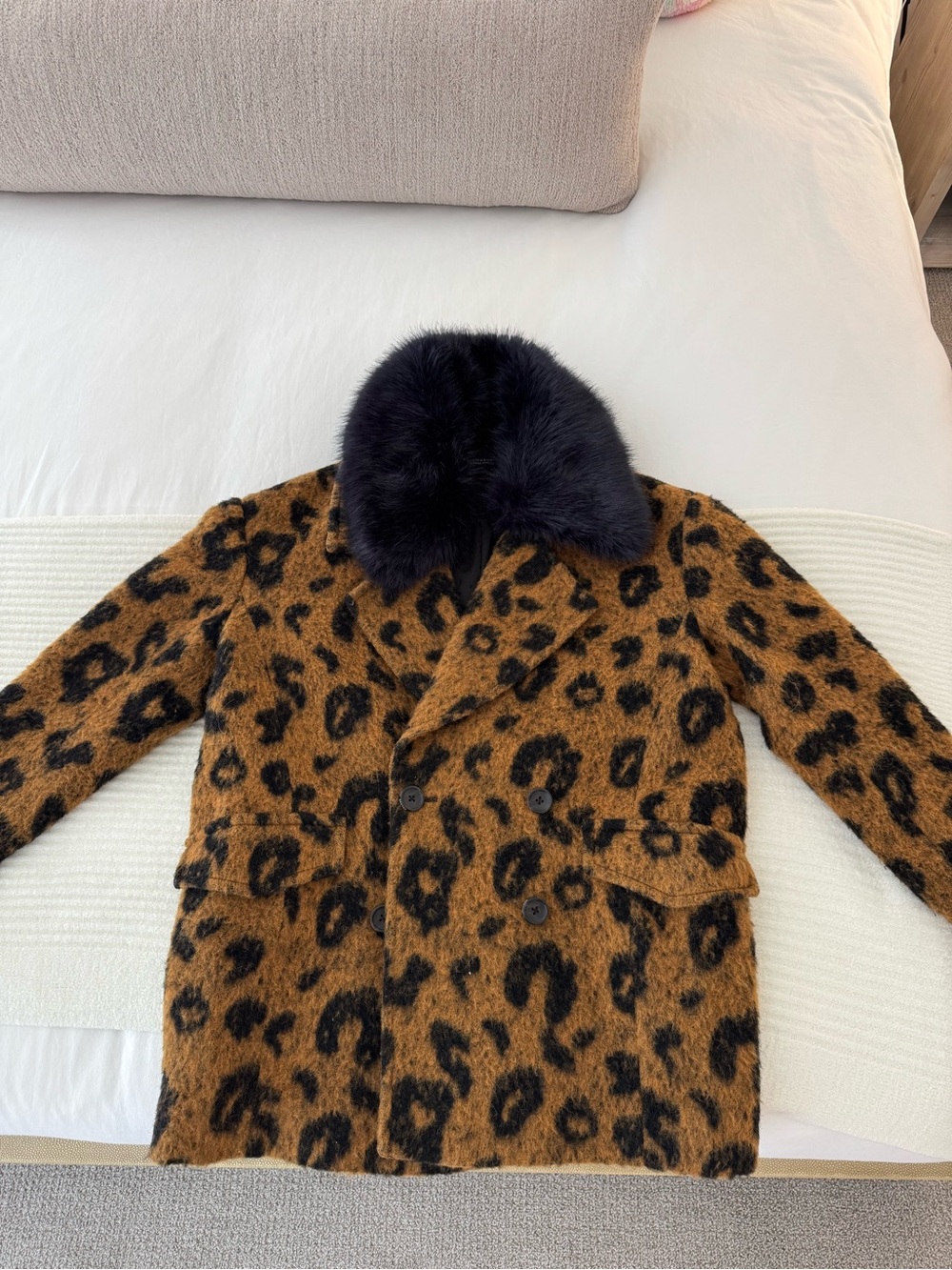 Scotch & Soda Leopard Print Wool Coat with Navy Collar